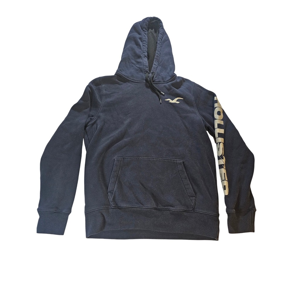 Hollister Hoodie Mens M Navy Blue Graphic Sleeve Logo Pullover